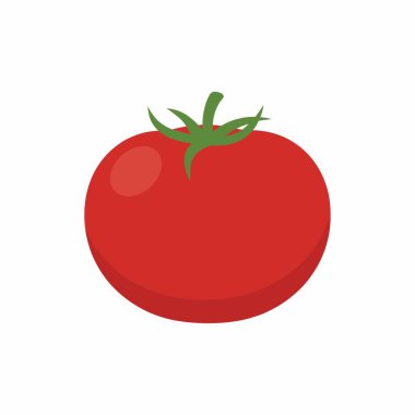 Yeşil kaliksli canlı bir kırmızı domates çizimi, düz bir vektör tarzıyla tasvir edilmiş. Bu yalıtılmış grafik sağlıklı yemek, yemek ve market kavramları için mükemmeldir..
