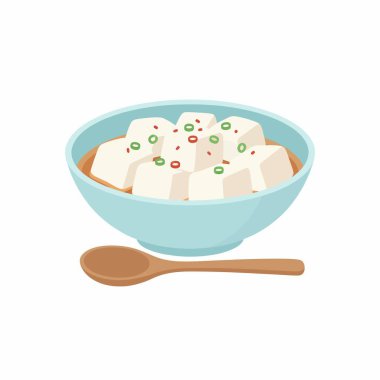 Lezzetli bir çorbada küp tofuyla dolu açık mavi bir kasenin basit bir vektör çizimi. Tabak doğranmış yeşil soğan ve kırmızı biber taneleriyle süslenmiş, yanında beyaz arka planda izole edilmiş ahşap bir kaşık var..