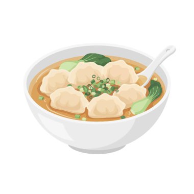 Taze yeşillik ve soğanla süslenmiş bir kase Asya hamur çorbasının detaylı bir temsili. Bu rahatlatıcı yemek temiz beyaz bir arka planda izole edilmiştir..