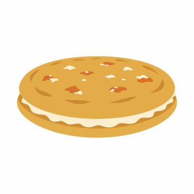 Klasik yulaf ezmeli kremalı turtanın basit bir düz vektör çizimi. Bu sandviç kurabiyesinde beyaz bir zemin üzerinde izole edilmiş iki tatlı beyaz kremalı yulaflı kurabiye var..