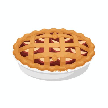 Üzerinde altın kahverengi kafes üst kabuğu ve tatlı kırmızı meyve dolgusu bulunan, basit beyaz bir fırın kabında sunulan lezzetli bir turta. Geleneksel bir tatlı çizimi.