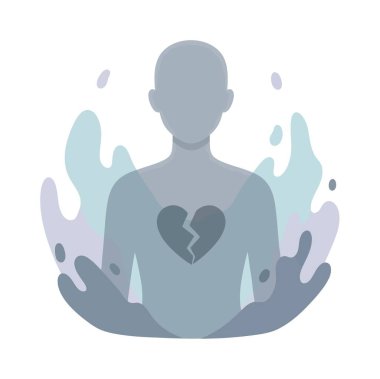 Göğsünde kırık bir kalp olan yüzü olmayan birinin düz vektör çizimi. Sönük renkler ve soyut şekiller üzüntü, keder ve duygusal karmaşayı iletir.