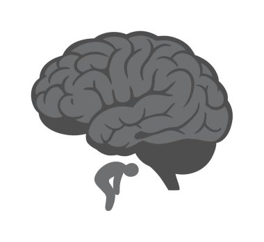 Zihinsel yorgunluğu, depresyonu ve psikolojik gerilimi temsil eden insan beyninin altındaki çökmüş bir figürü gösteren bir vektör ikonu. Beyaz bir arkaplanda izole edilmiş.