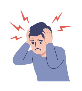 Acılı bir ifadeye sahip bir adam başını tutar, yıldırımlarla çevrili, yoğun acıyı, stresi ya da migren krizini sembolize eder. İzole vektör illüstrasyonu.