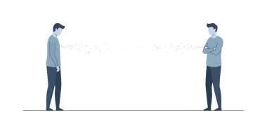 Ayrı duran iki adamın minimalist vektör çizimi çatışmayı, anlaşmazlığı veya sosyal mesafeyi sembolize ediyor. Bir adam üzgün, diğeri ise kavgacı..