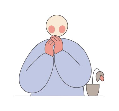 Elleri sımsıkı bağlı üzgün bir insanın minimalist vektör çizimi. Saksıda sarkan bir çiçek umutsuzluğu, yalnızlığı ve kederi simgeler..