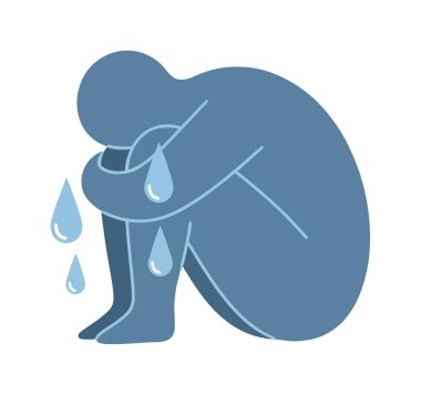 Fetüs pozisyonundaki yalnız bir şahsın hüznü, zihinsel sağlık sorunlarını ve umutsuzluğu temsil eden gözyaşları dökülen vektör grafiği. Beyazda izole edilmiş.