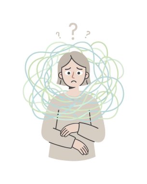 Karmaşık çizgiler ve soru işaretleriyle çevrili endişeli bir yüz ifadesine sahip bir kadını tasvir eden vektör çizimi kafa karışıklığını, kaygıyı ve zihinsel karmaşayı simgeliyor..