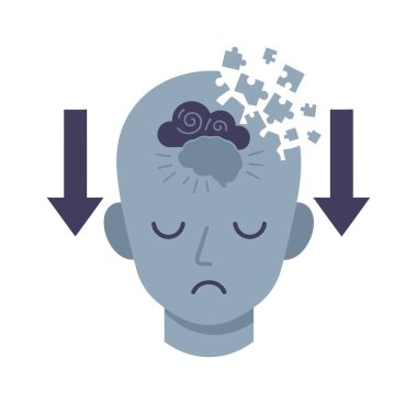 Kafa parçalarına ayrılan bir kişinin vektör çizimi, akıl hastalığı, bunama, hafıza kaybı, stres ve psikolojik gerileme için bir metafor.