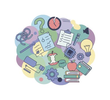 Karmaşık bir zihin ya da yaratıcı sürecin düz tasarım konsepti, beyaz arka planda izole edilmiş fikirler, öğrenme, zaman ve teknoloji sembolleri içerir..