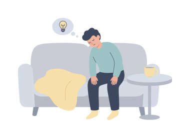 Yaratıcı yorgunluk ve tükenmişlik yaşayan genç bir adam. Düşünce balonu ve ampulü olan bir koltukta oturan bir karakter, ilham eksikliğini ya da yeni bir fikri simgeliyor..