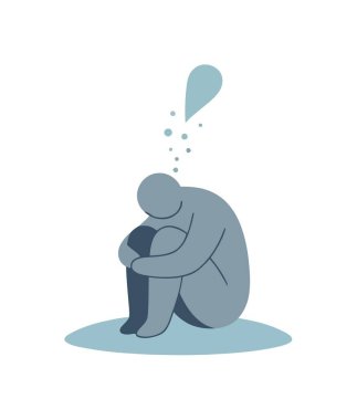 Üzüntüyü, depresyonu ve zihinsel sağlık sorunlarını temsil eden, kıvrılmış bir figürün minimalist vektör grafiği. Tek bir gözyaşı havada süzülür.