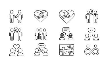 Arkadaşlığı, aşkı, takım çalışmasını, iletişimi ve birliği temsil eden ince çizgi vektör simgelerinden oluşan bir derleme. Çak bir beşlik, kalp elleri ve yapboz parçaları gibi semboller içerir..