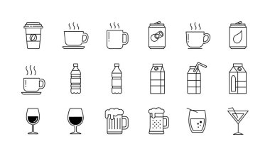 Temiz taslak şeklinde 18 içecek ikonu seti. Sıcak ve soğuk içecekler, bardaklar, şişeler ve bardaklar gibi çeşitli kaplarda alkolsüz ve alkolsüz içecekler içerir..