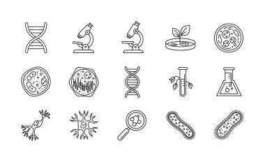 DNA, mikroskoplar, hücreler, bakteriler ve laboratuvar ekipmanları gibi biyoloji kavramlarını taslak karalama tarzında temsil eden siyah beyaz çizgi sanat simgelerinden oluşan bir koleksiyon..