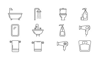 Banyo, duş, tuvalet, lavabo, lavabo, ayna, saç kurutma makinesi ve sabun makinesi gibi ortak banyo malzemelerini temsil eden 12 basit taslak ikondan oluşan bir koleksiyon..