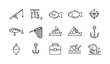 Balıkçılık ve deniz ikonu paketinin vektör çizimi. Beyaz arka planda balıkçılık, yelken ve deniz yolculuğu için doğrusal semboller.