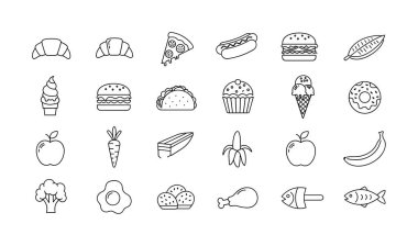 Basit bir çizim tarzında çizilmiş çeşitli yiyecek ve içecek ikonlarından oluşan bir koleksiyon. Pizza, hamburger, elma ve balık gibi sağlıklı ve abur cuburları içerir..
