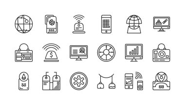 Küresel iş, finans, teknoloji ve iletişim kavramlarını temsil eden eskiz tarzı simgelerin toplanması. Beyaz arkaplanda izole vektör çizimi.