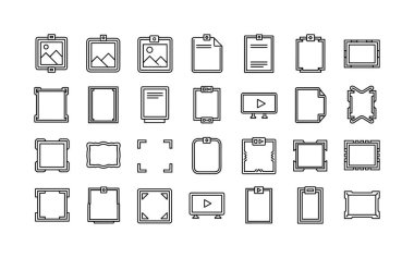 Çeşitli resim çerçeveleri, video oynatıcı kenarlıkları ve belge panolarının yer aldığı vektör çizgisi simgeleri kümesi. Web ve UI tasarımı için beyaz bir arkaplanda izole edilmiş.