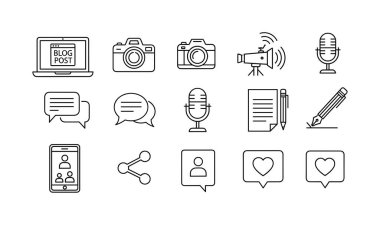 Blogculuk, vloglama ve sosyal medya ile ilgili bir taslak simge koleksiyonu. Kamera, mikrofon, dizüstü bilgisayar, sohbet, paylaşım ve dijital içerik oluşturma sembollerini içerir.