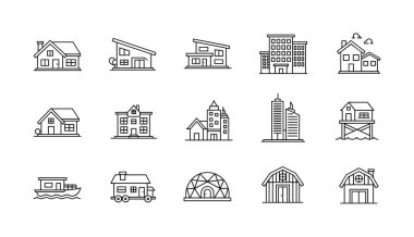 Çeşitli mimari tarzları gösteren el çizimi ikonlar. İçinde evler, modern evler, gökdelenler, bir otel, bir yüzen ev ve bir ahır var. Basit çizgi çizimleri.