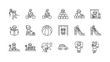 Çocukların oyun oynadığını gösteren basit karalama tarzı çizimler koleksiyonu. Araba ve blok gibi oyuncaklar için ikonlar, slayt ve salıncak gibi oyun alanı ekipmanları içerir.