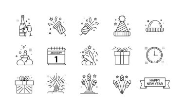 Havai fişekler, şampanya, hediyeler ve takvim gibi yeni yıl kutlamalarını temsil eden 15 minimalist taslak ikon seti. Basit siyah ve beyaz vektör grafikleri.