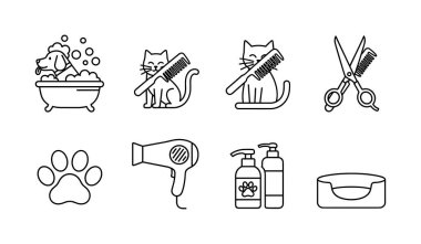 Banyo, fırça, saç kesimi, şampuan ve bir kuaför salonu veya spa için diğer hayvan bakım elementlerini de içeren sekiz adet siyah beyaz çizgi ikonu..