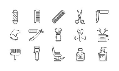 Bir berber dükkanı için on beş adet monokrom çizgili resim seti. Berber direği, tarak, makas, jilet, makas, sandalye ve bakım ürünlerini içerir. Web ve grafik tasarımı için mükemmel.