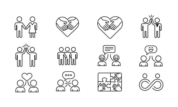 A collection of thin line vector icons representing friendship, love, teamwork, communication, and unity. Includes symbols like high five, heart hands, and puzzle pieces.