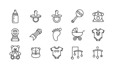 Bebek partileri ve yeni doğan temaları için 15 basit siyah taslak simge seti. Bir şişe, emzik, oyuncak ayı, bebek arabası ve bebek tulumu da dahil..