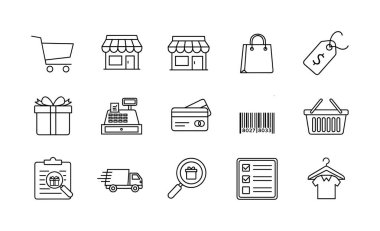 Online alışveriş, perakende satış ve e-ticaret için on beş karalama tarzı vektör ikonu koleksiyonu. Depo, ödeme, teslimat ve ürünler için semboller içerir.