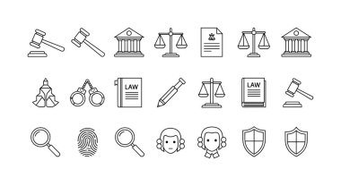 Kanun ve adaleti temsil eden siyah beyaz taslak simgelerden oluşan bir derleme. Tokmak, adalet terazisi, adliye, hukuk kitabı, kelepçe ve yargıç gibi semboller içerir..