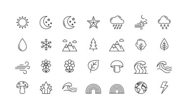 Güneş, ay, bulutlar, dağlar, bitkiler ve yıldırım gibi doğal elementleri ve hava koşullarını temsil eden minimalist siyah ve beyaz simgelerden oluşan bir derleme..