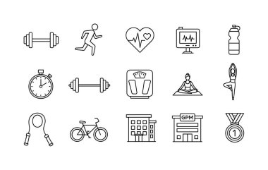 Fitness, sağlık ve sporu temsil eden monokrom çizgisi sanat ikonları koleksiyonu. Beyaz arka planda spor, egzersiz, yoga ve sağlıklı yaşam sembolleri içerir..