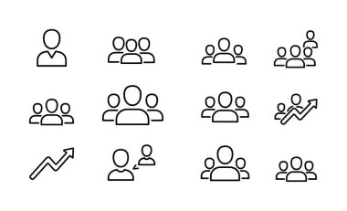 İnsanları, kullanıcı gruplarını, takımları ve iş büyümesini tasvir eden bir dizi minimalist taslak simgesi. Beyaz arka planda izole edilmiş topluluk, liderlik ve ilerleme okları için semboller içerir.