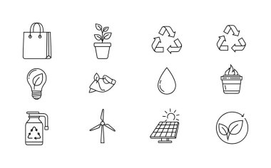 Geri dönüşüm, yenilenebilir enerji ve beyaz arka planda çevre dostu kavramları temsil eden siyah-beyaz karalama tarzı ikonlar..