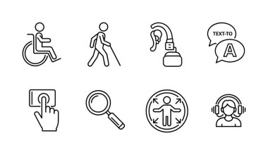 Bu vektör simgesi seti, engelliler için erişilebilirlik ve kapsayıcılık kavramlarını, hareket, görme, işitme ve iletişim araçlarını gösteren sembolleri göstermektedir..