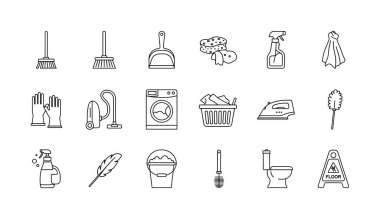 Süpürge, süpürge, vakum, çamaşır makinesi ve tuvalet gibi çeşitli temizlik aletlerini ve ev aletlerini temsil eden 18 adet siyah beyaz çizgi resim ikonu..