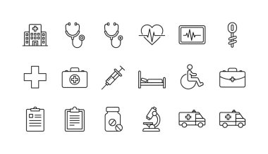 Tıpla, sağlık hizmetleriyle ve hastanelerle ilgili simgelerden oluşan basit bir koleksiyon. Web veya uygulama tasarımı için steteskop, ambulans, şırınga ve hastane yatağı gibi semboller içerir.