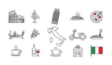 Kolezyum, Pisa kulesi, pizza, makarna ve beyaz arka planda izole edilmiş ulusal bayrak gibi ünlü İtalyan sembollerini temsil eden bir koleksiyon..
