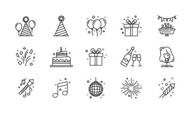 Partiler ve kutlamalar için el yapımı karalama ikonları. İçinde pasta, balonlar, hediyeler, şapkalar, havai fişekler, şampanya ve disko balosu var. Beyaz üzerine basit siyah çizgi sanatı.