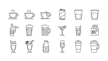 Kahve, çay, bira, kokteyl ve meyve suyu gibi çeşitli içecekleri temsil eden 18 el çizilmiş karalama tarzı ikonlar. Beyaz arkaplanda izole vektör çizimi.