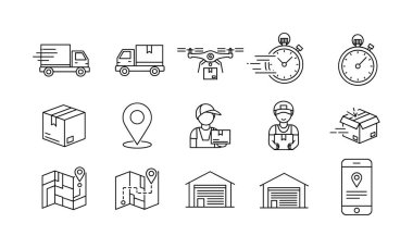 Teslimat hizmetleri ve lojistik için el çizimi simgelerinden oluşan bir koleksiyon. Kamyon, İHA, paket, izleme, depo ve kurye özellikleri.
