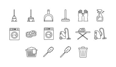 Çeşitli temizlik araçlarını ve ev aletlerini temsil eden on altı adet siyah beyaz taslak ikonu. Kolay kullanım için beyaz bir arkaplanda izole.