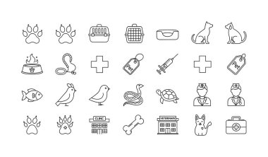 Veteriner tıbbını, hayvan bakımını ve çeşitli hayvanları temsil eden bir dizi basit taslak ikonu. Bir veteriner kliniği, hayvan dükkanı ve tasarım projeleri için tıbbi ekipman sembolleri içerir.
