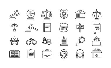Hukuk sisteminin elemanlarını temsil eden monokrom vektör çizgisi simgelerinin bir koleksiyonu. Hukuki tasarım projeleri için tokmak, adalet terazisi, adliye ve kelepçe gibi semboller içerir.