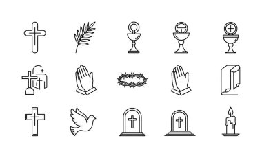 Hıristiyan inancını ve geleneklerini temsil eden bir dizi ince çizgi simgesi. İbadet sembolleri, Paskalya ve haç, dikenli taç ve kutsal İncil gibi komünyonlar..