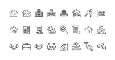 Emlak endüstrisiyle ilgili bir dizi ince çizgi ikonu. Bu koleksiyonda evler, daireler, emlak satışları, sözleşmeler, acenteler ve inşaat için semboller yer alıyor..